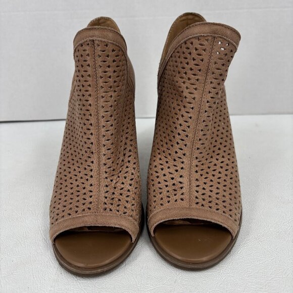Lucky Brand Perforated Leather Bootie Size 8 Tan Suede Block Heel Peep Toe Boot - Picture 4 of 12